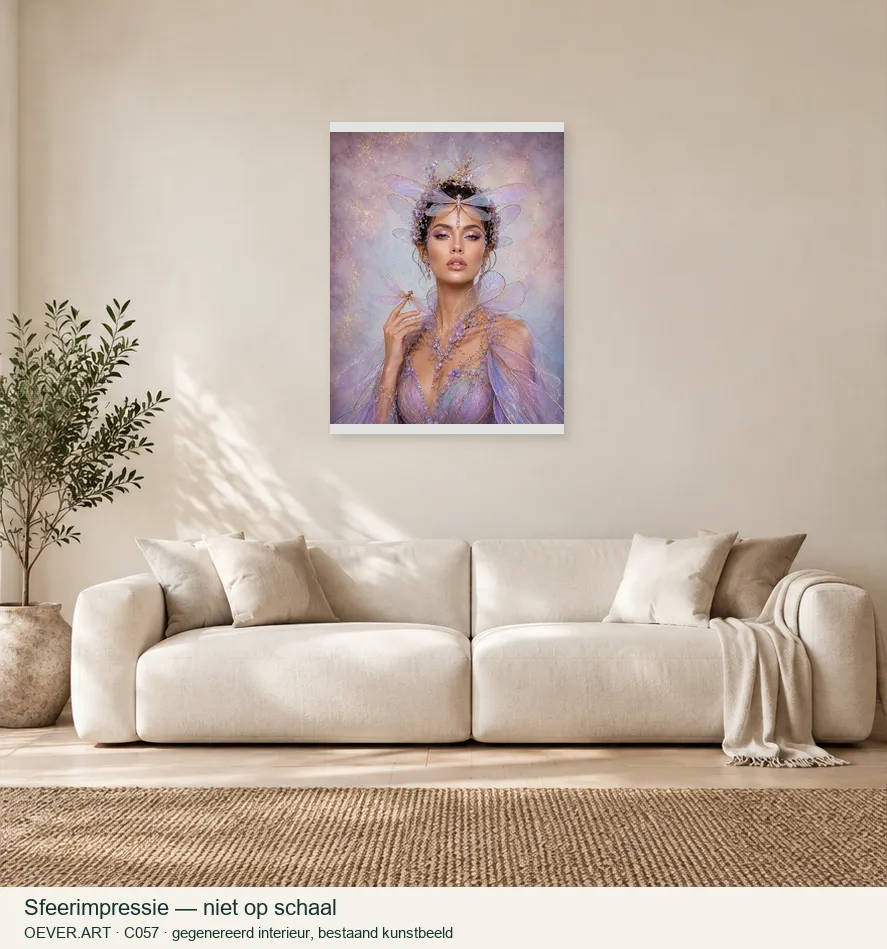Dragonfly Queen in Lavender Couture — sfeerimpressie in gegenereerd interieur; niet op schaal