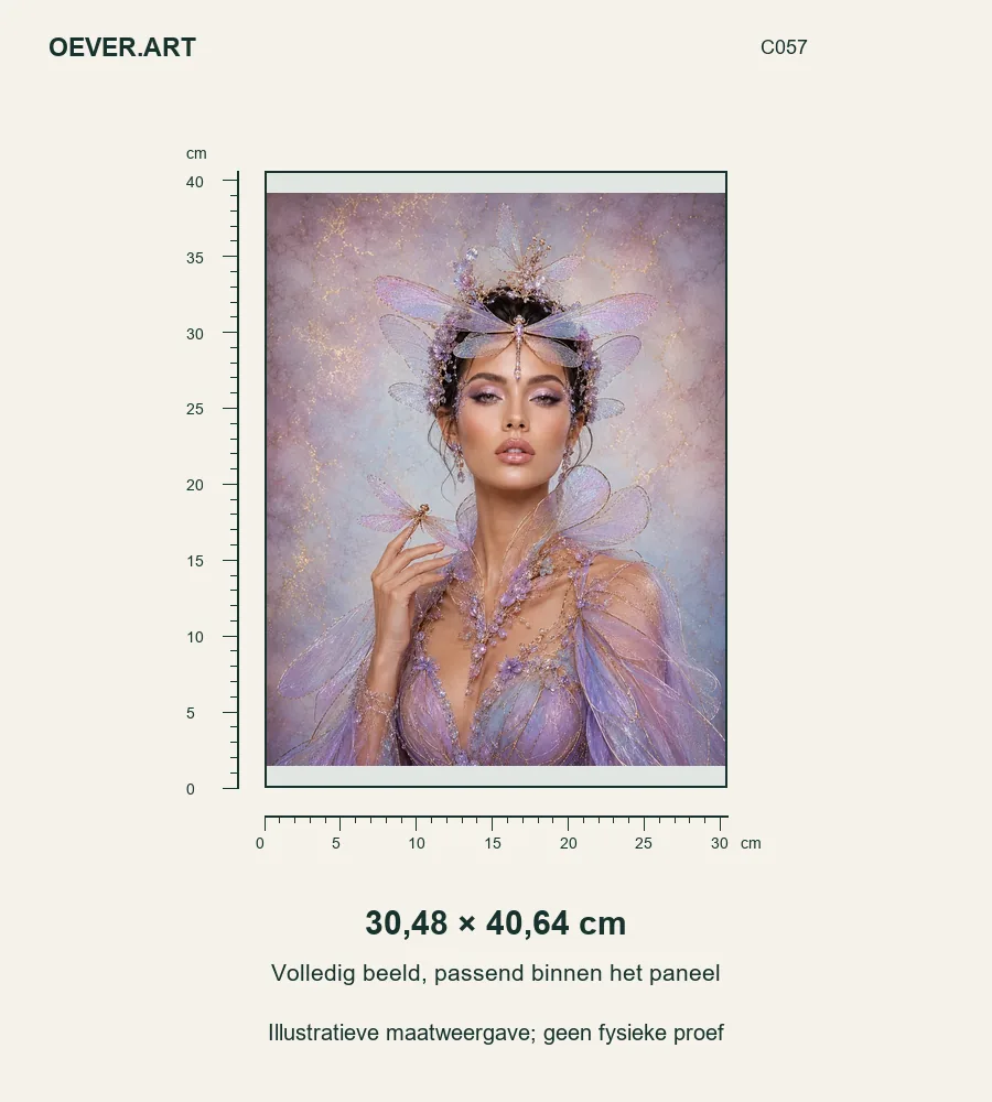 Dragonfly Queen in Lavender Couture — illustratieve maatweergave 30,48 × 40,64 cm; geen fysieke proef
