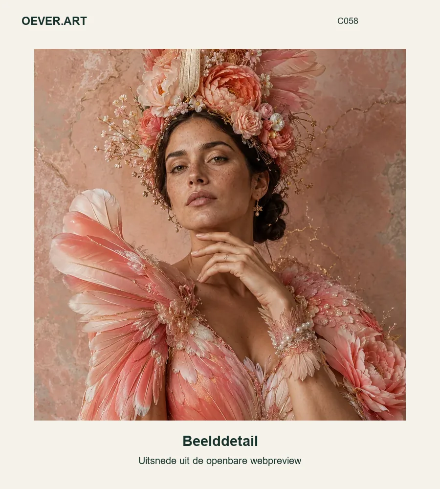 Zalmroze lepelaar met peoniekroon — beelddetail uit openbare webpreview