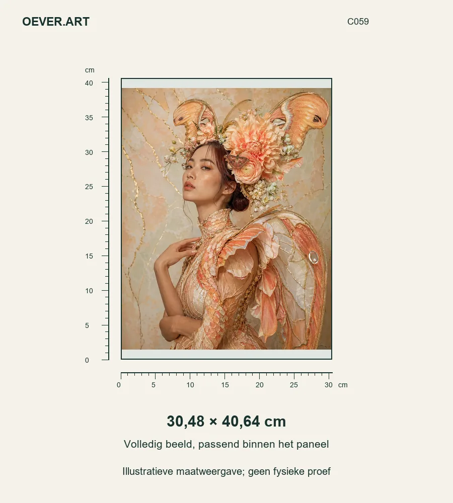 Abrikozen atlasmot in bloeiende couture — illustratieve maatweergave 30,48 × 40,64 cm; geen fysieke proef
