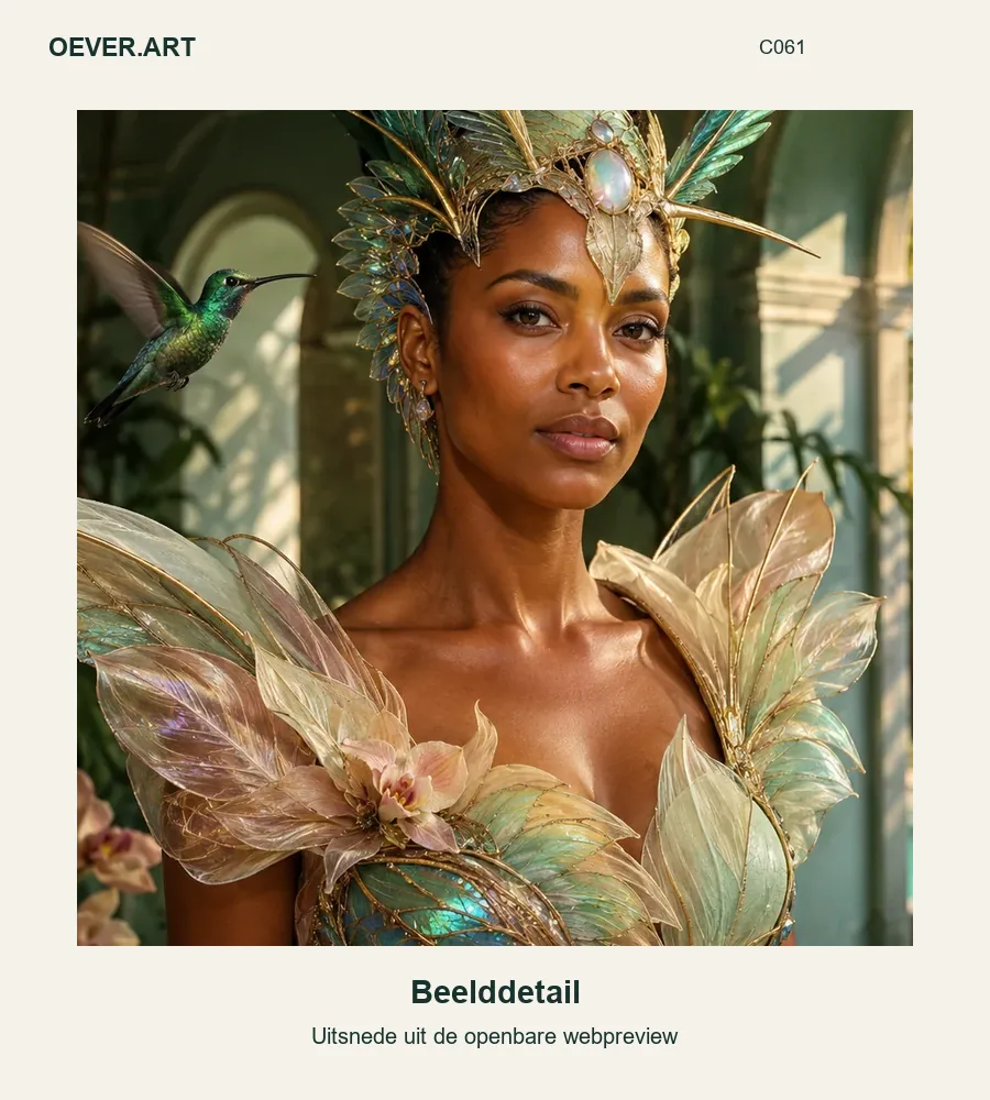 Kolibrie-orchidee in mintgroene couture — beelddetail uit openbare webpreview