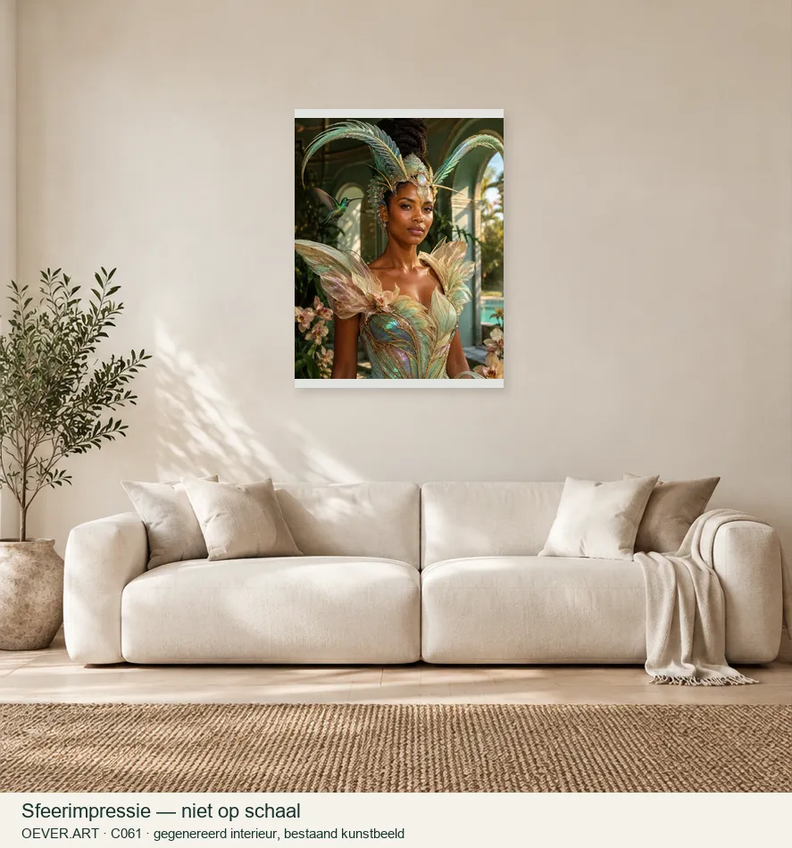 Kolibrie-orchidee in mintgroene couture — sfeerimpressie in gegenereerd interieur; niet op schaal