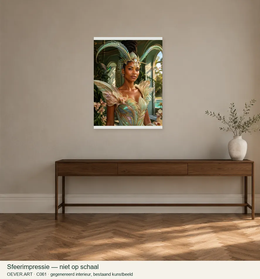 Kolibrie-orchidee in mintgroene couture — sfeerimpressie in gegenereerd interieur; niet op schaal