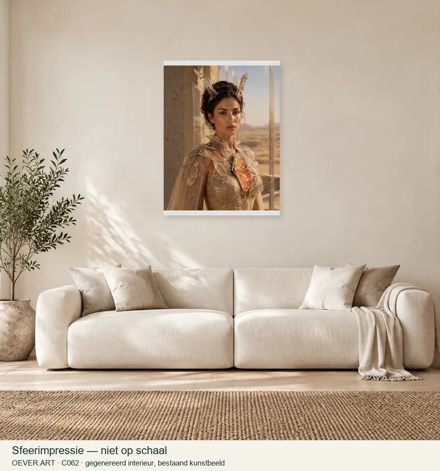 Desert Crystal Queen in Golden Light — sfeerimpressie in gegenereerd interieur; niet op schaal