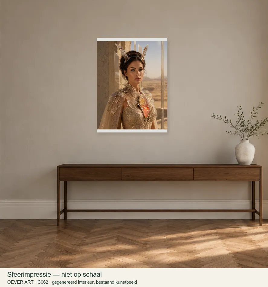 Desert Crystal Queen in Golden Light — sfeerimpressie in gegenereerd interieur; niet op schaal