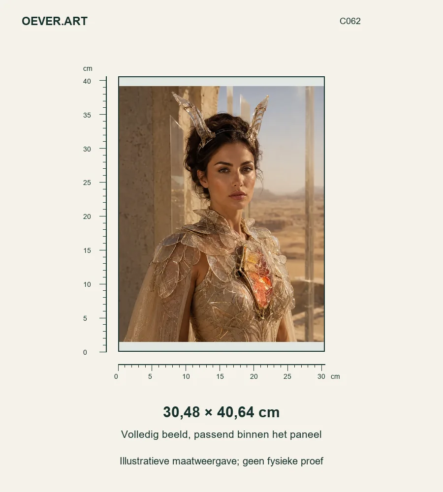 Desert Crystal Queen in Golden Light — illustratieve maatweergave 30,48 × 40,64 cm; geen fysieke proef