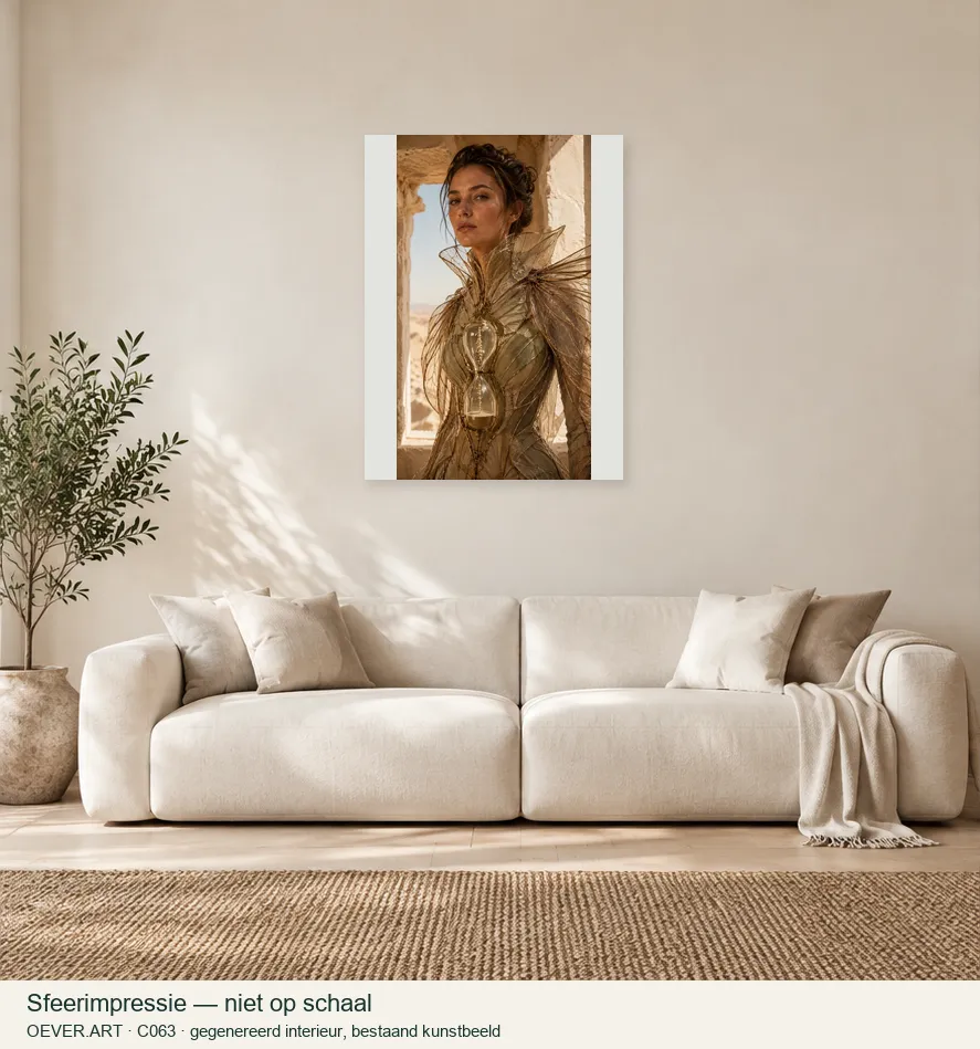 Desert Oracle in Winged Couture — sfeerimpressie in gegenereerd interieur; niet op schaal