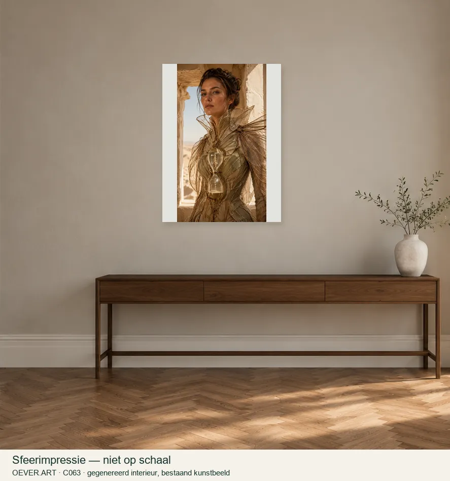 Desert Oracle in Winged Couture — sfeerimpressie in gegenereerd interieur; niet op schaal