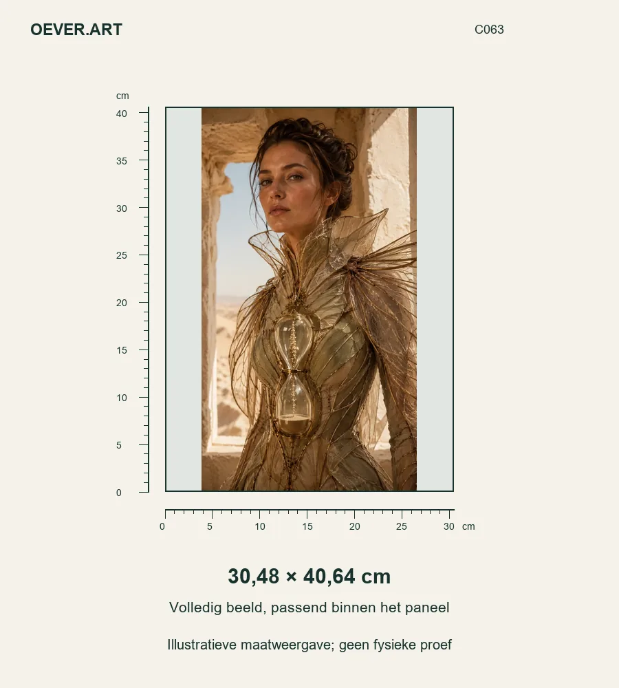 Desert Oracle in Winged Couture — illustratieve maatweergave 30,48 × 40,64 cm; geen fysieke proef