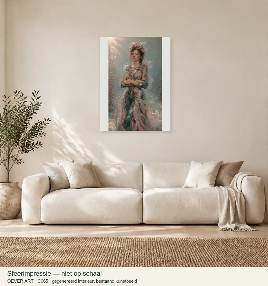 Emerald muse with fish-eye crown — sfeerimpressie in gegenereerd interieur; niet op schaal