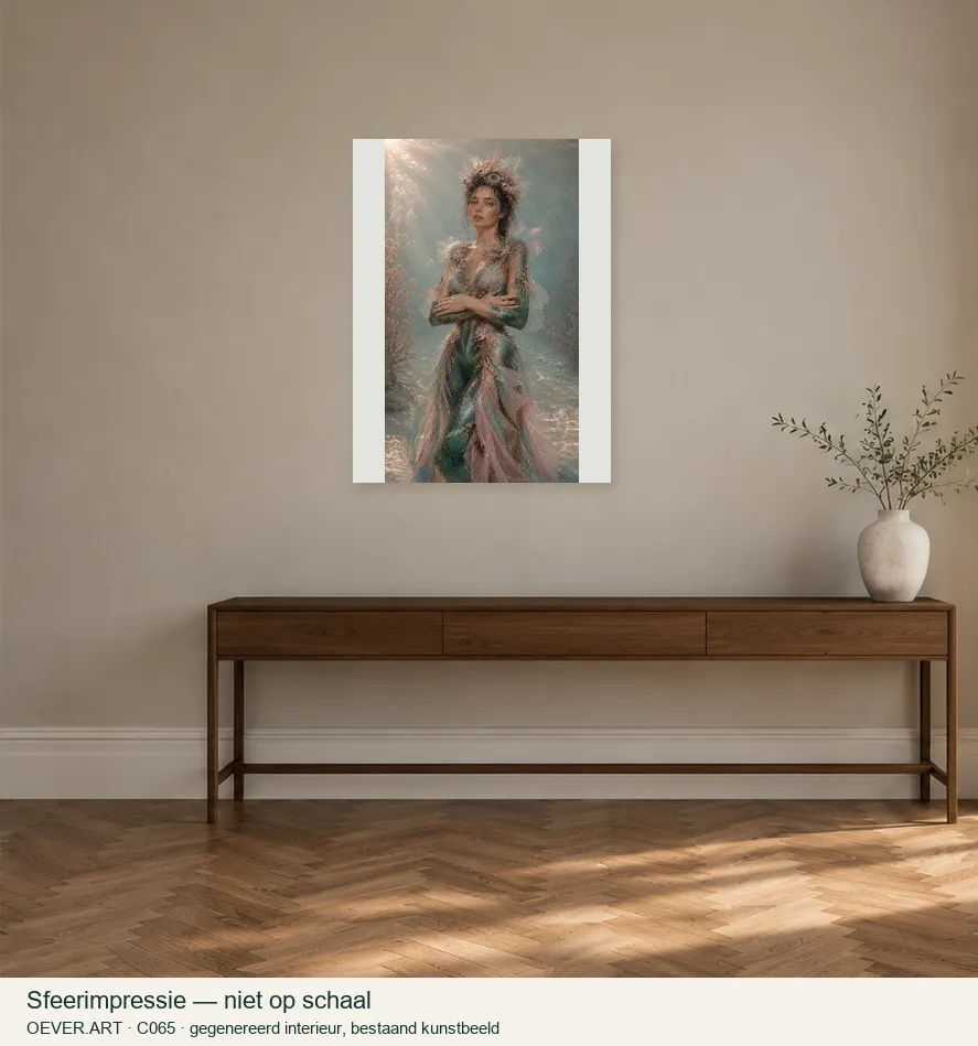 Emerald muse with fish-eye crown — sfeerimpressie in gegenereerd interieur; niet op schaal