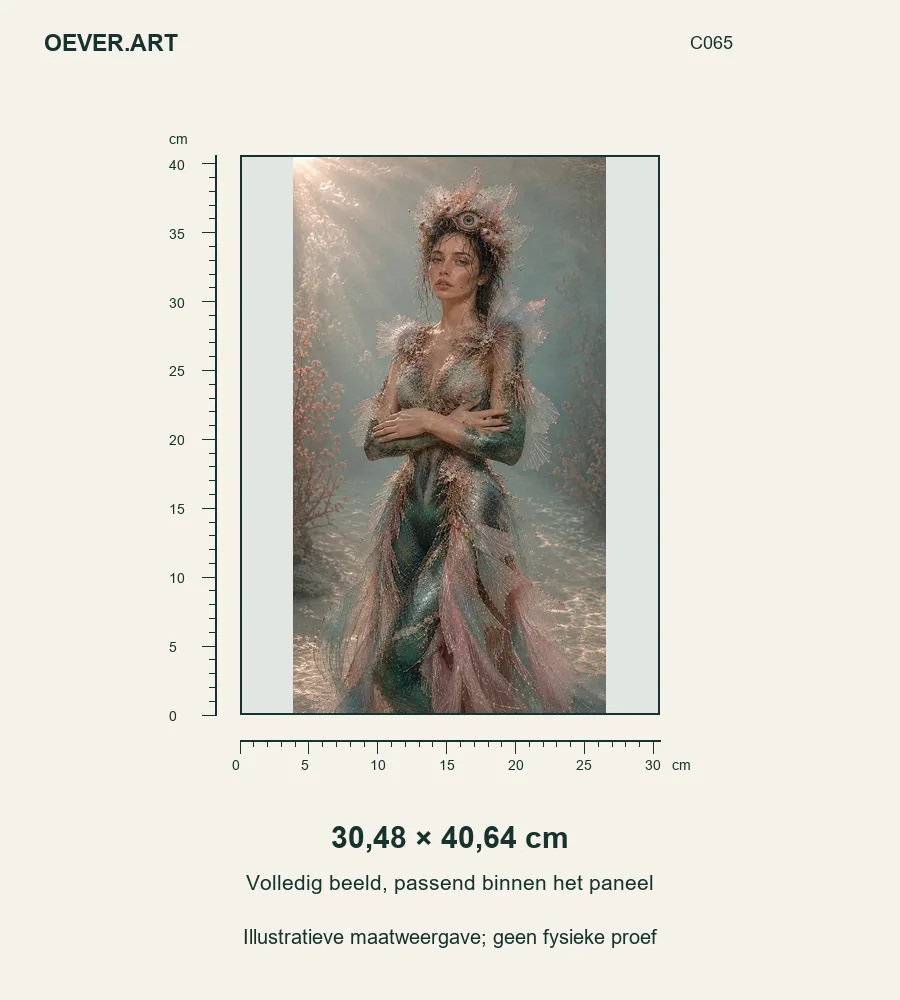 Emerald muse with fish-eye crown — illustratieve maatweergave 30,48 × 40,64 cm; geen fysieke proef