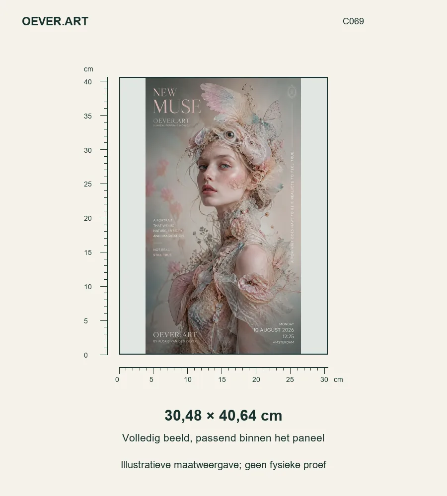 Ethereal Muse in Bloom — illustratieve maatweergave 30,48 × 40,64 cm; geen fysieke proef